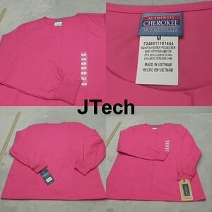 Cherokee Workwear Scrub Shirt Womens Medium Pink Oversized Snap Long‎ Sleeve NEW